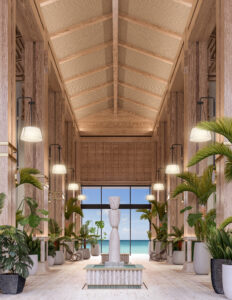 Rendering of grand hotel entryway/lobby with a direct view of the ocean on the rear end. 