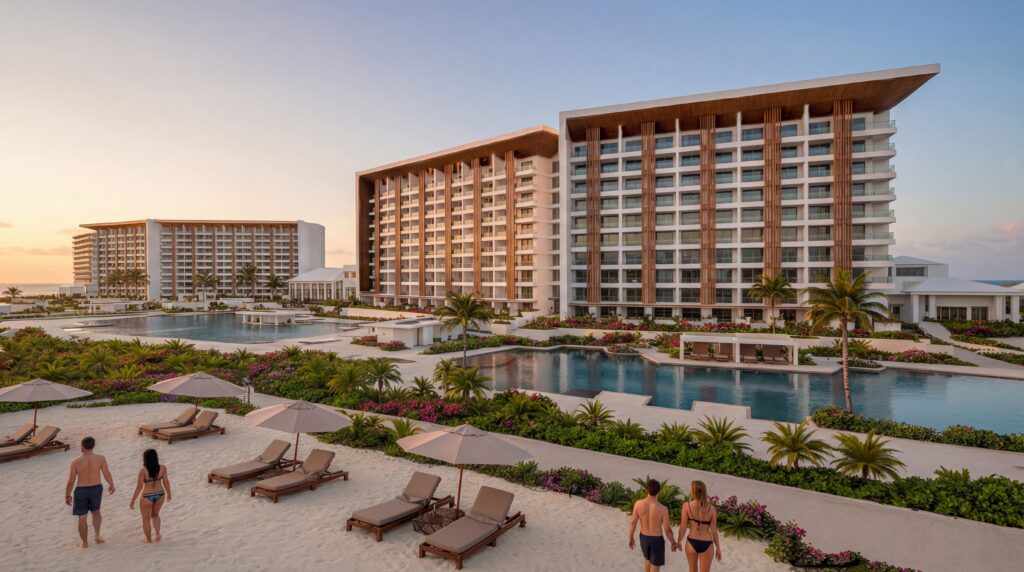 Rendering of external view of Unico 18 77 in Montego bay. high rise hotel with all ocean view rooms, situated behind a white sand beach and two swimming pools. The beach has lounge chairs, umbrellas and guests in bathing suits enjoying their vacation. 
